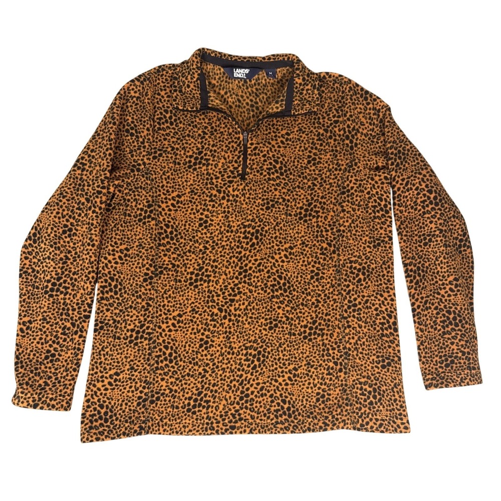 Lands End Womens Leopard Print Fleece Quarter Zip Pullover Brown‎ Black M 10-12